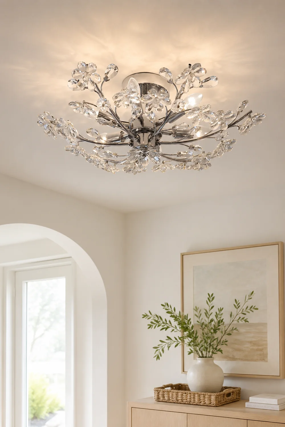 Ophelia Modern Crystals Flower Flush Mount Ceiling Light Living Room, Chrome - Lumpaz