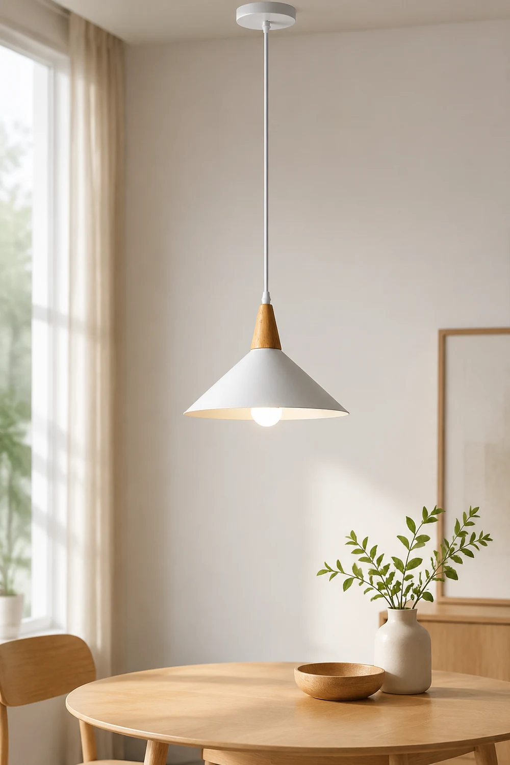 Morandi Minimalist Cap-shaped Metal Pendant Light, Natural Wood - Lumpaz