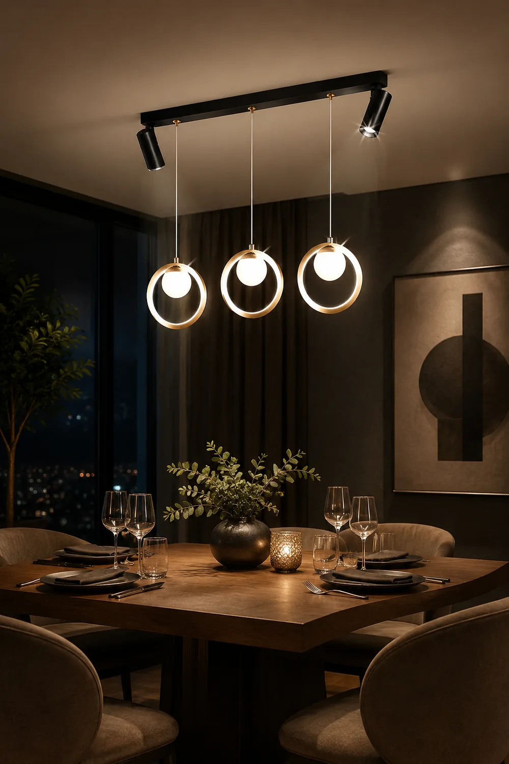 Madina Modern Metal Multi Ring Pendant Light With Spotlight, Glass/Metal - Lumpaz