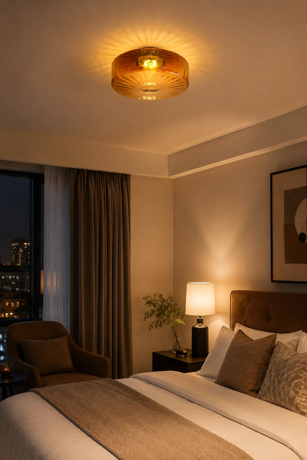 Hailie Modern Round Flush Mount Ceiling Light Brown Metal/Glass Kitchen/Living Room - Lumpaz