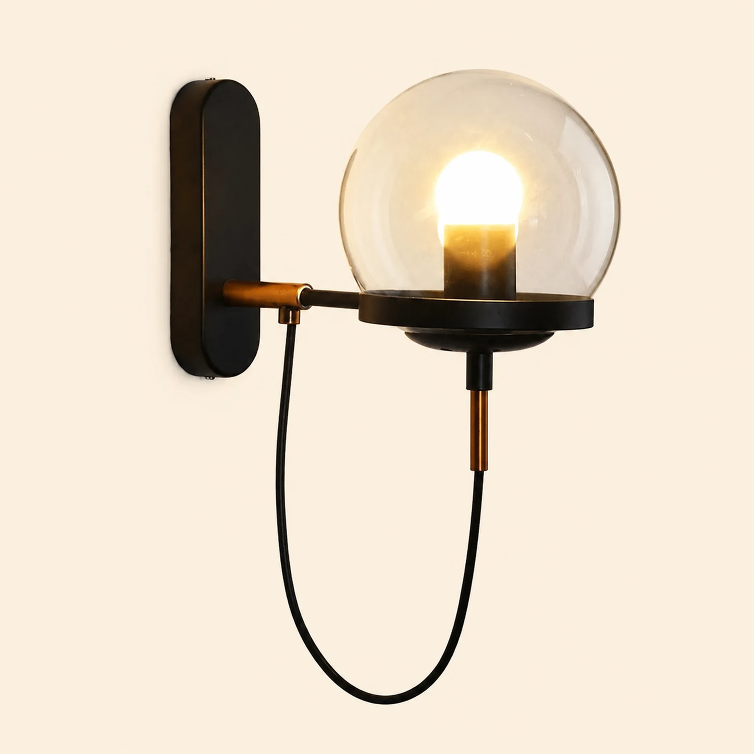 Alessio Rustic Retro Glass Globe Wall Lamp, Black/Bronze - Lumpaz