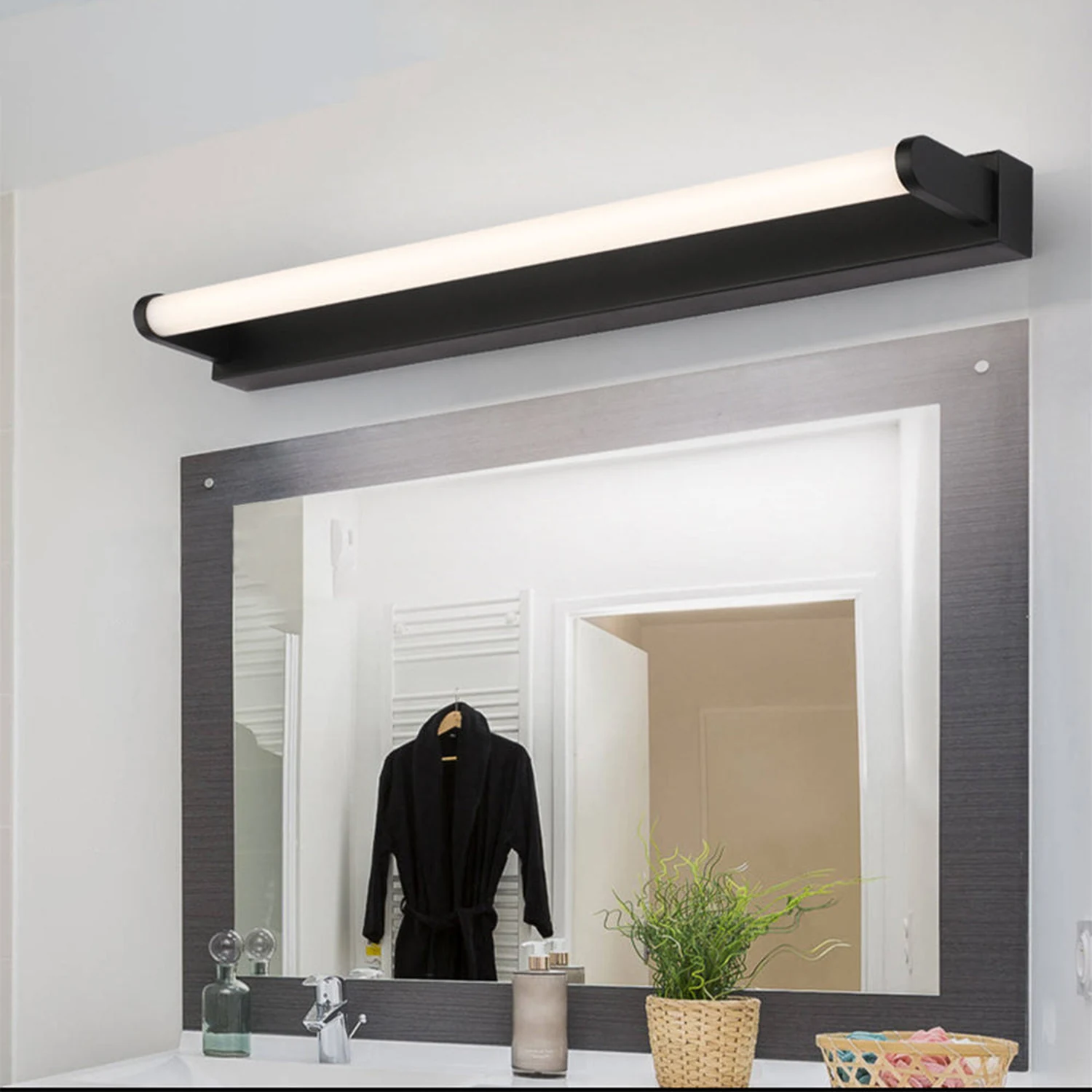 Leigh Minimalist Linear Cylindrical Metal/Acrylic Wall Lamp, Black, Bathroom - Lumpaz