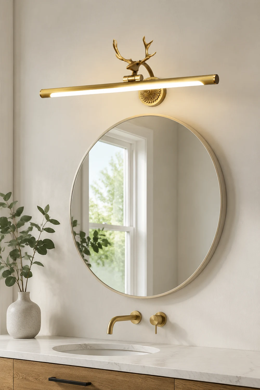 Leigh Modern Staghorn Shaped Vanity Mirror Front Wall Lamp, Black/Brass - Lumpaz
