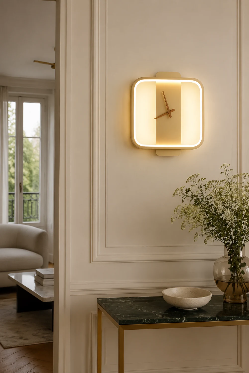 Morandi Nielsen Square Clock Metal & Acrylic Wall Lamp, Gold - Lumpaz