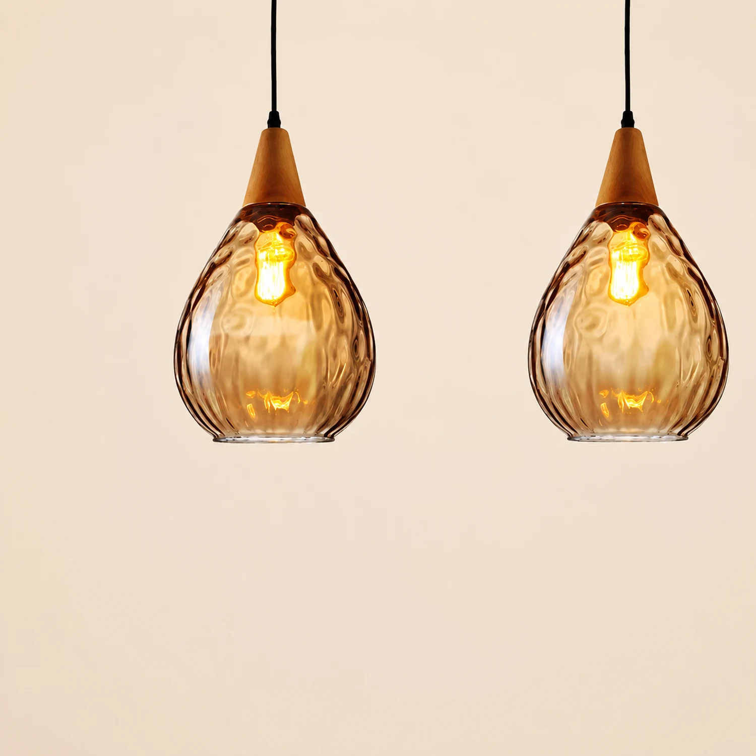 Avi Vintage Teardrop Pendant Light, Glass/Wood - Lumpaz