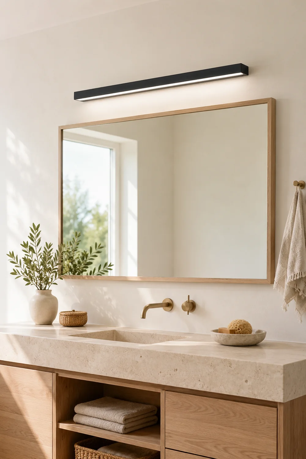 Edge Modern Rectangular Linear Mirror Front Wall Lamp, Metal, Black - Lumpaz