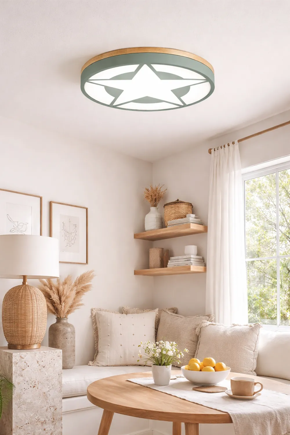 Quinn Modern Round Star Acrylic/Wood Flush Mount Ceiling Light, White/Green/Gray - Lumpaz