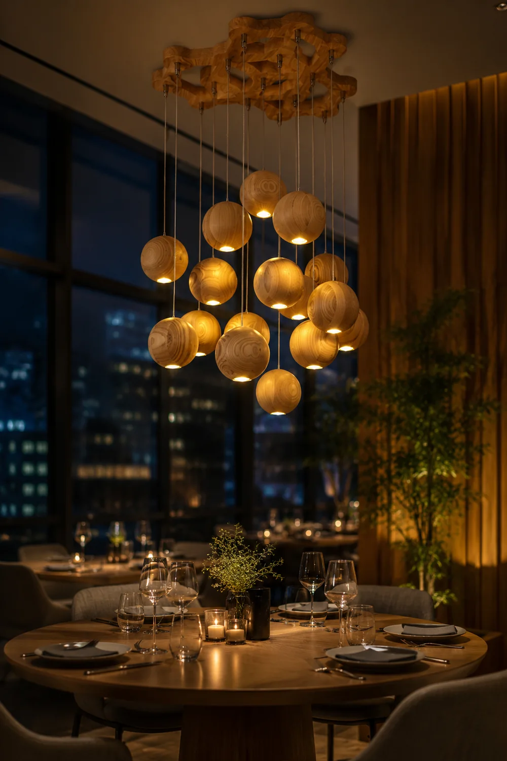 Ozawa Pendant Light Globe Minimalist, Cluster Wood, log color, Kitchen Island - Lumpaz