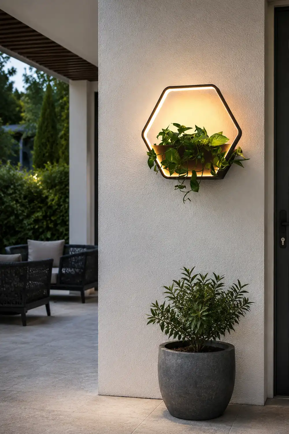 Orr Minimalist Hexagonal Ring With Shelf Metal Outdoor Wall Lamp, Black - Lumpaz