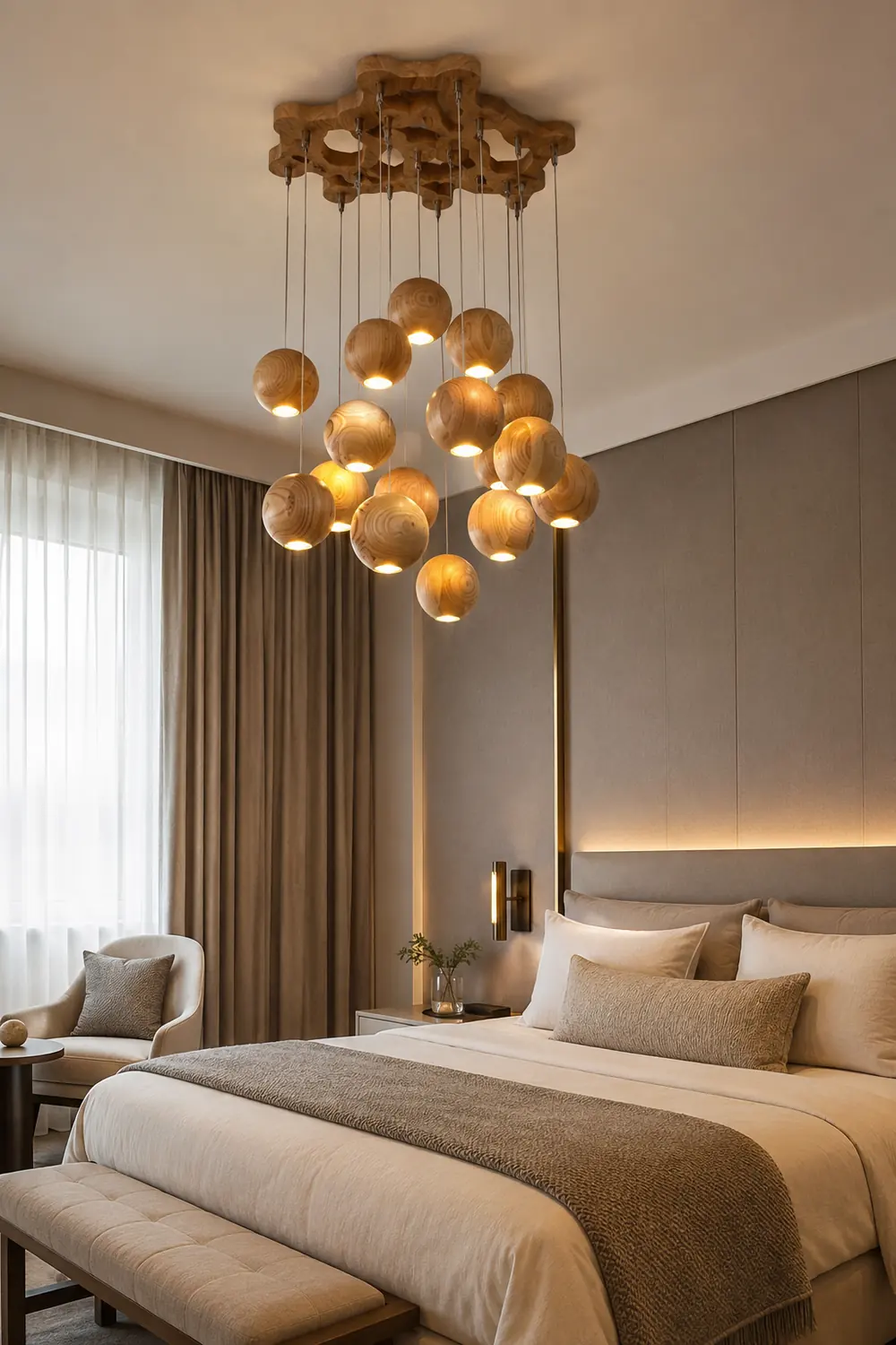 Ozawa Pendant Light Globe Minimalist, Cluster Wood, log color, Kitchen Island - Lumpaz