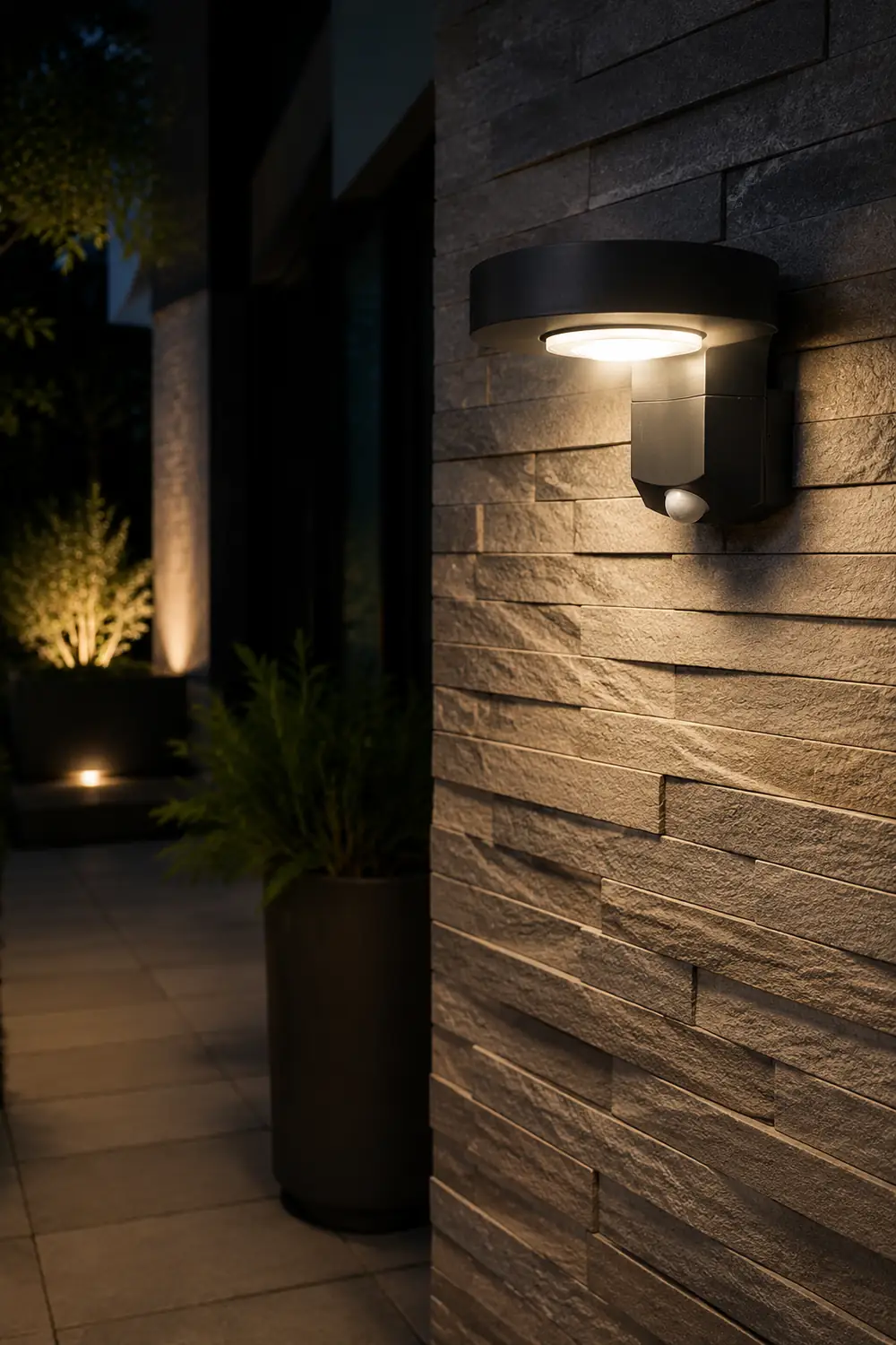 Orr Modern Round Metal/Acrylic Sensor Solar Waterproof Outdoor Wall Lamp, Black - Lumpaz