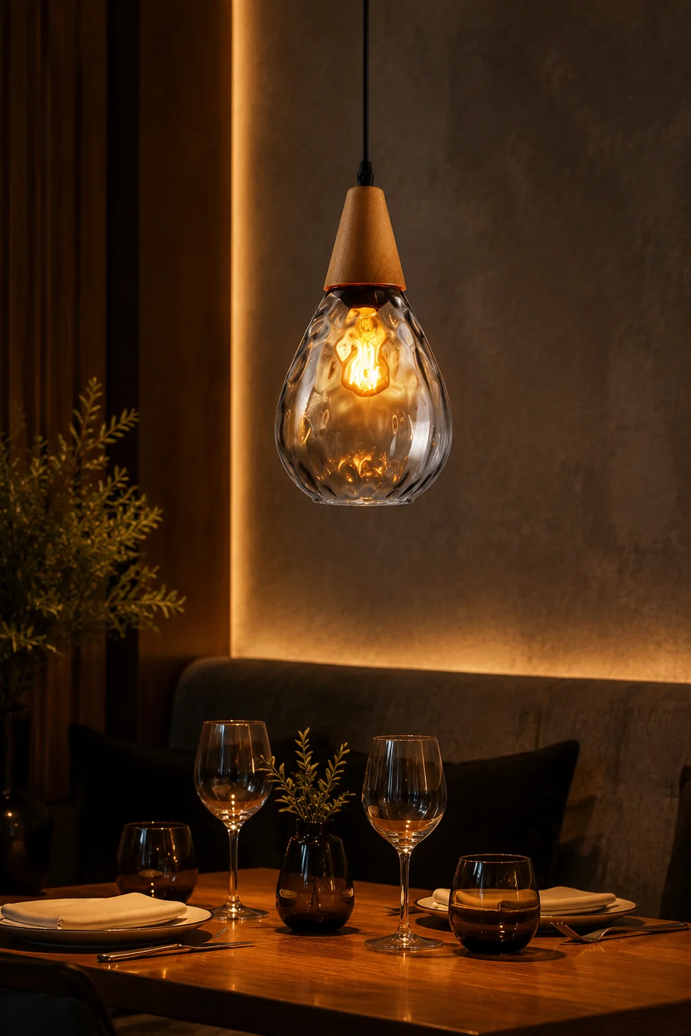 Avi Vintage Teardrop Pendant Light, Glass/Wood - Lumpaz