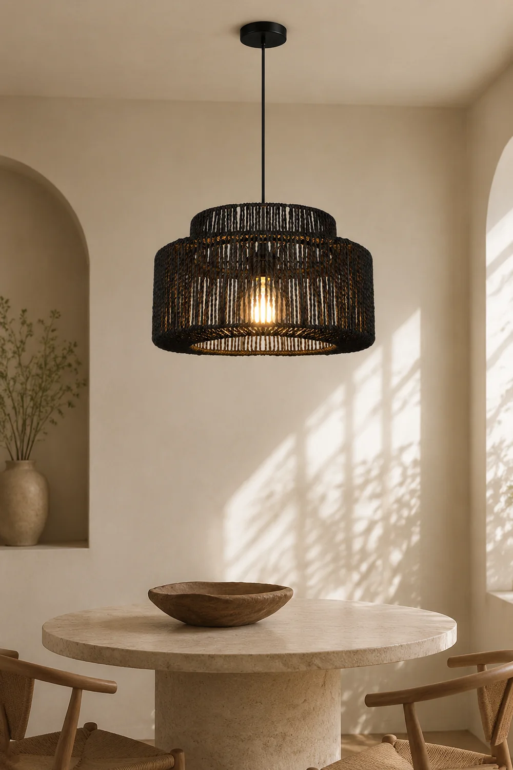 Muto Farmhouse Retro Rustic Drum Hanging Pendant Light, Black - Lumpaz