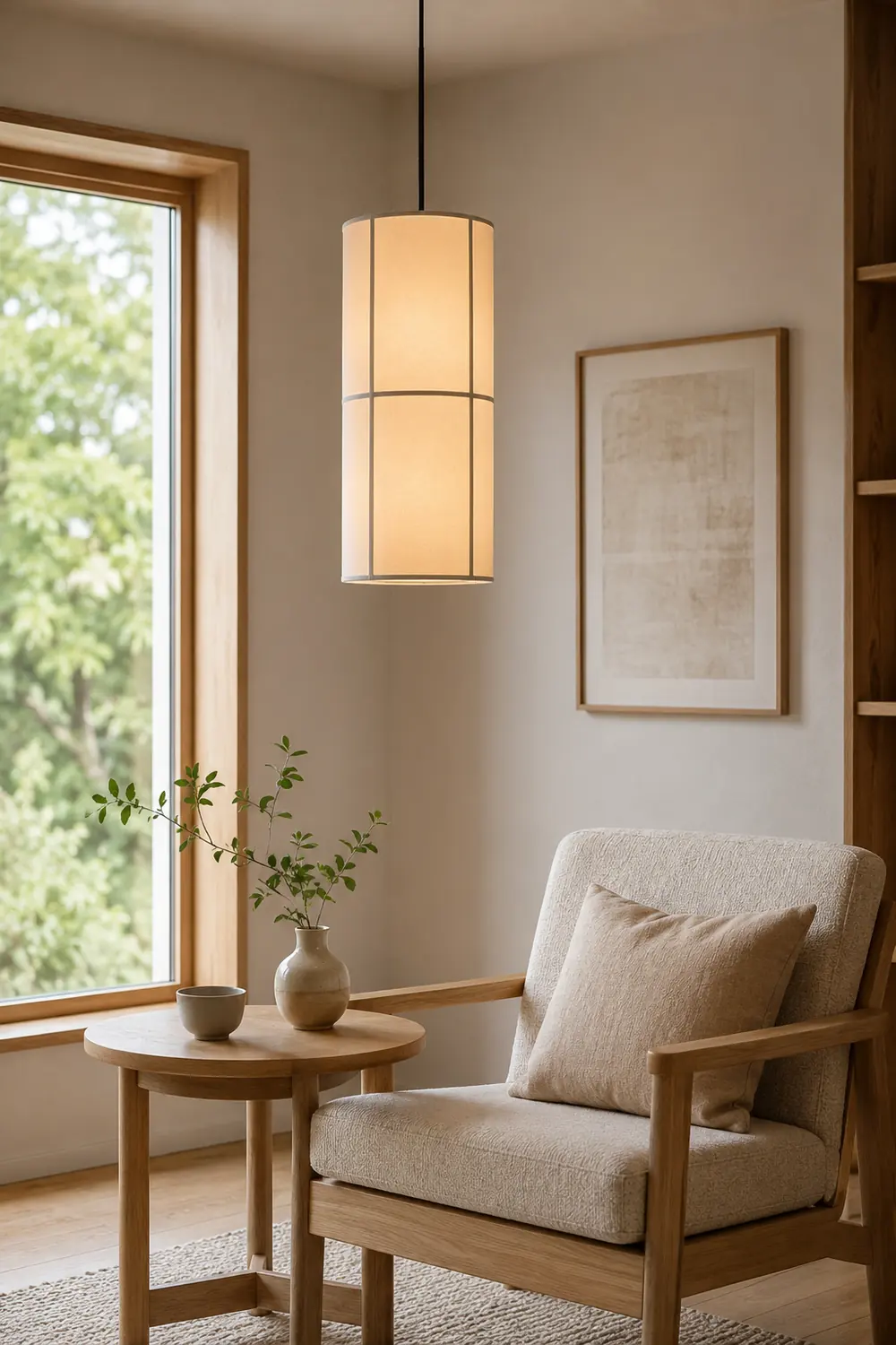 Renée Cylinder Pendant Light, Lantern, Fabric, Japanese - Lumpaz
