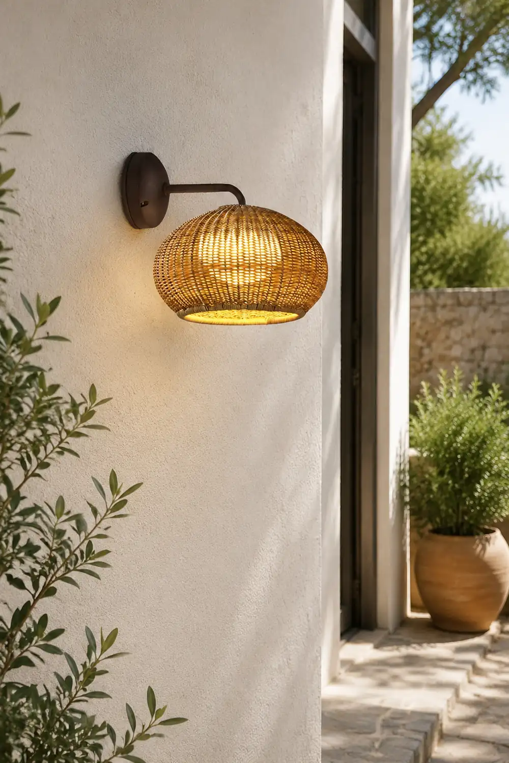 Ritta Farmhouse Metal/Rattan Outdoor Wall Lamp, Log Color - Lumpaz