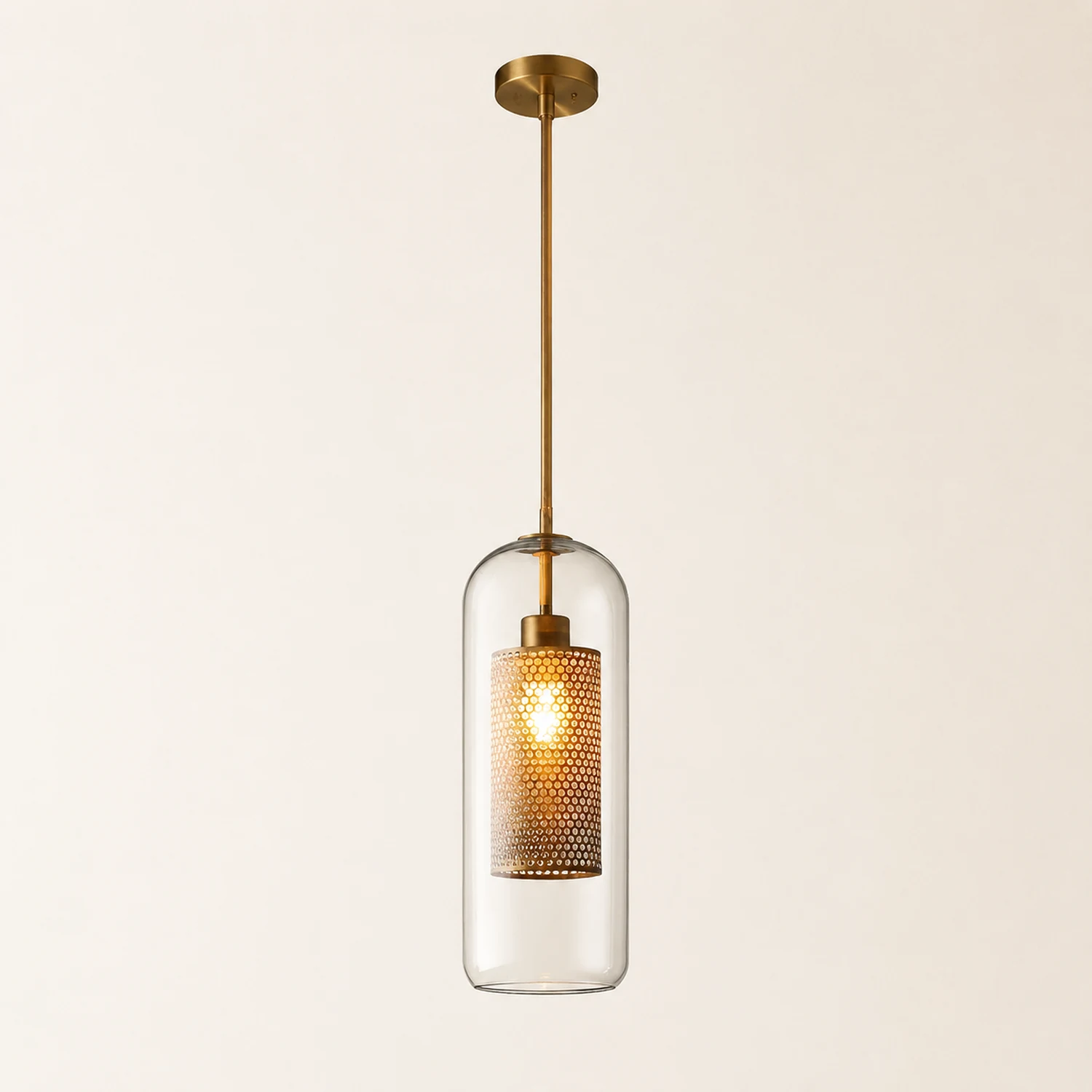 Oneal Contemporary Golden Pendant Light, Metal/Glass, Globe/Cylindric - Lumpaz