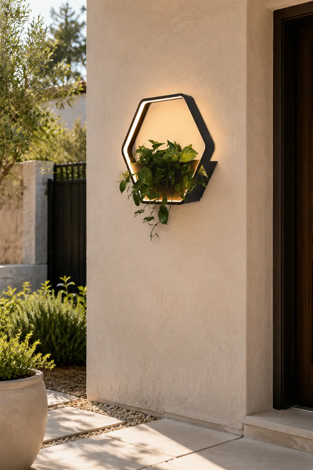 Orr Minimalist Hexagonal Ring With Shelf Metal Outdoor Wall Lamp, Black - Lumpaz
