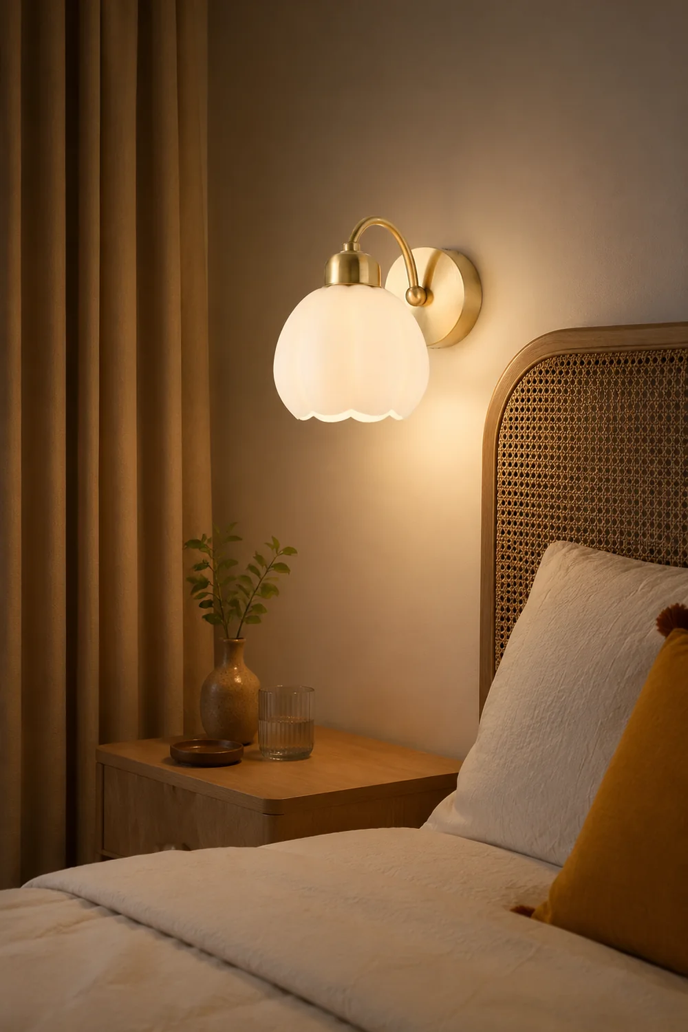 Lily Nordic Flower Glass Metal Wall Lamp Gold/Ivory Bedroom - Lumpaz