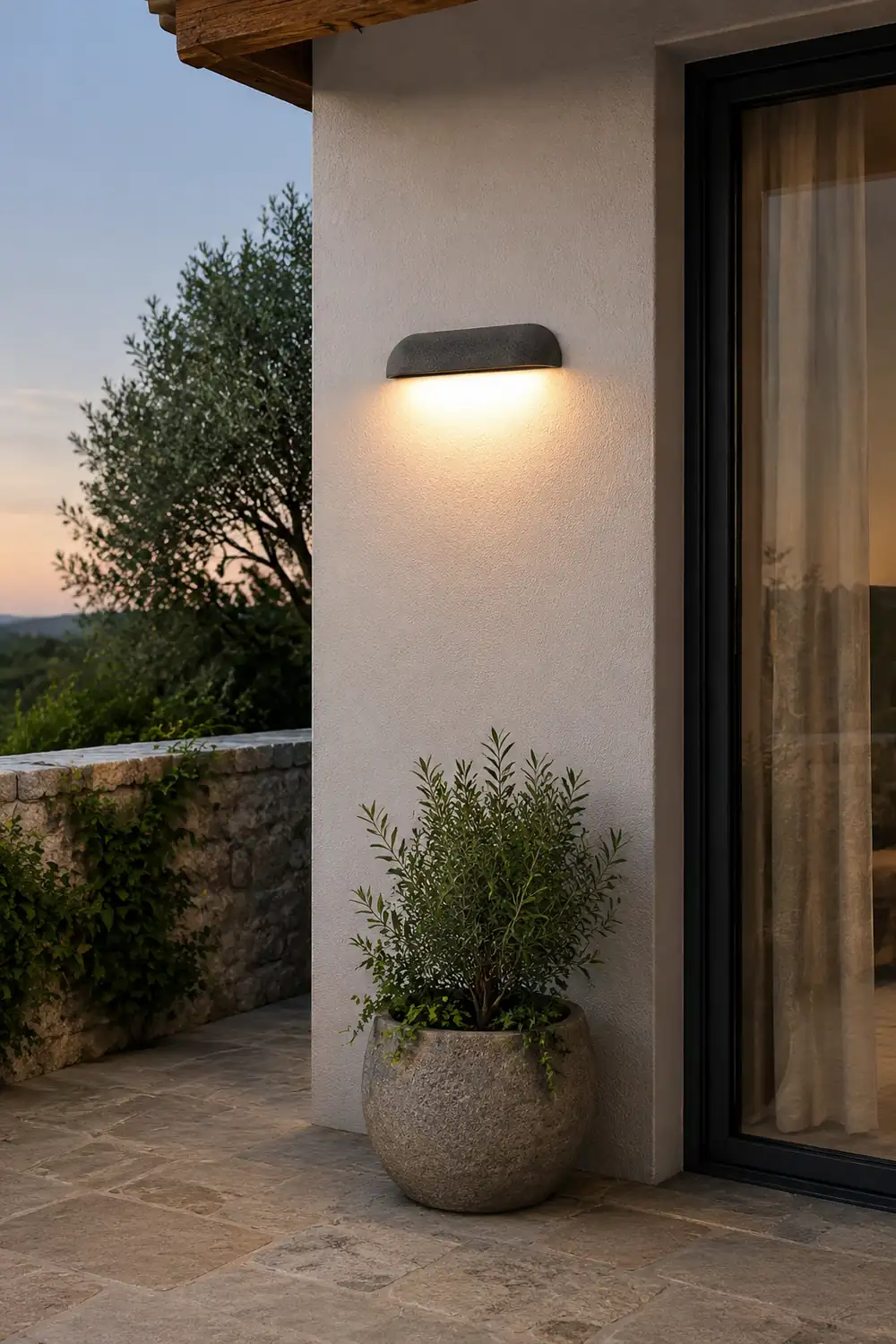 Orr Modern Minimalist Semi-elliptical Metal/Stone Outdoor Wall Lamp, Black/White - Lumpaz