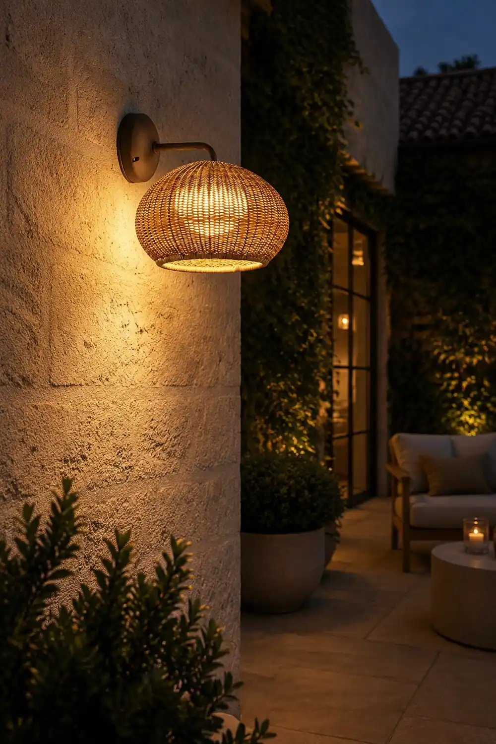 Ritta Farmhouse Metal/Rattan Outdoor Wall Lamp, Log Color - Lumpaz