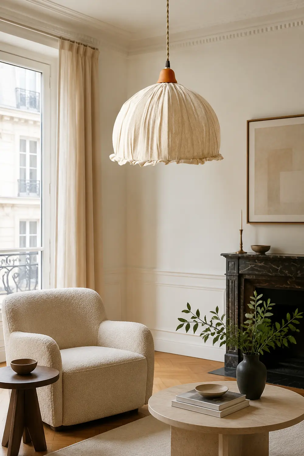 Nordic Vintage LED Pendant Light Beige Fabric Living Room - Lumpaz