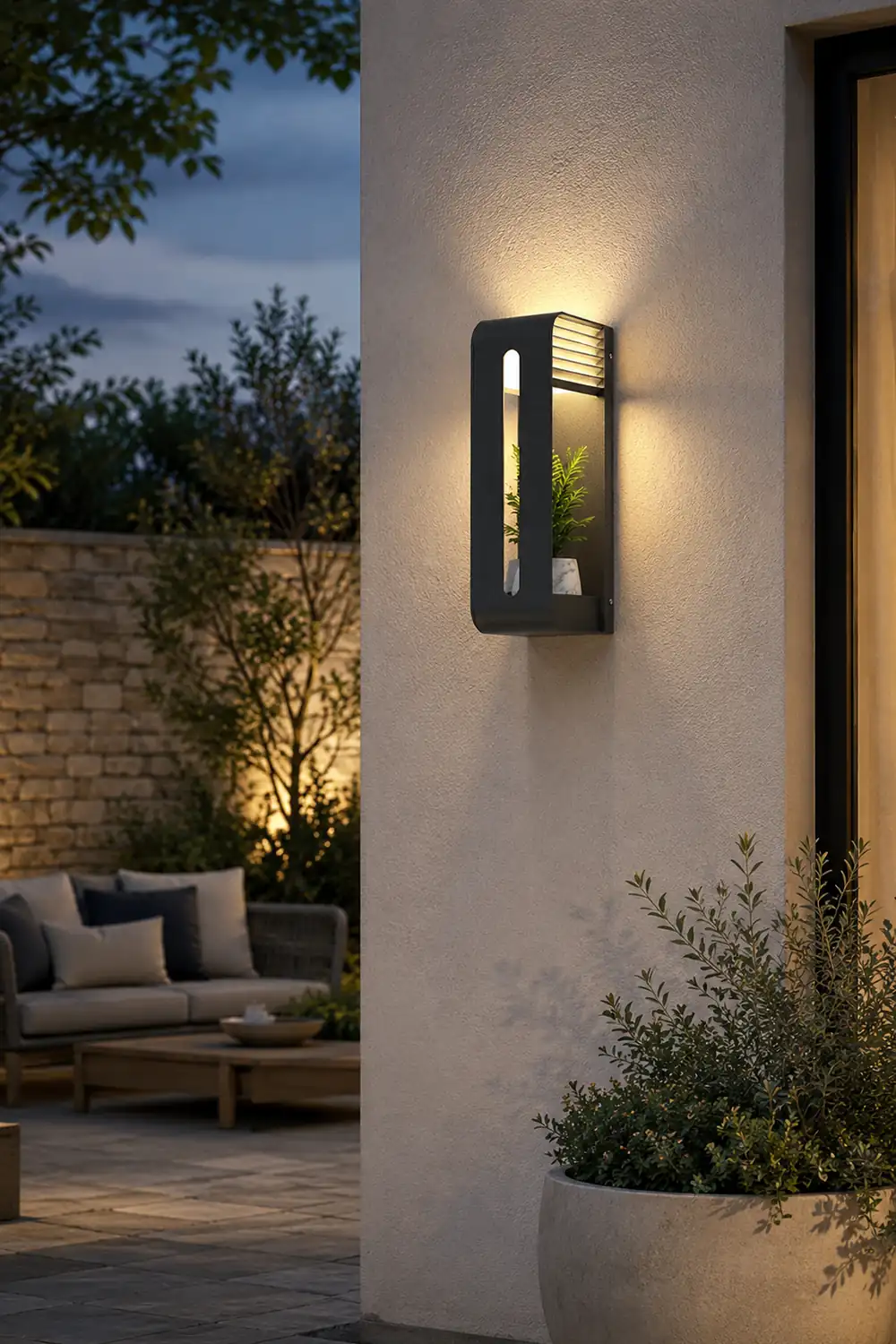 Orr Modern Rectangular Metal/Acrylic Solar Outdoor Plants Pot Holder Wall Lamp, Black - Lumpaz