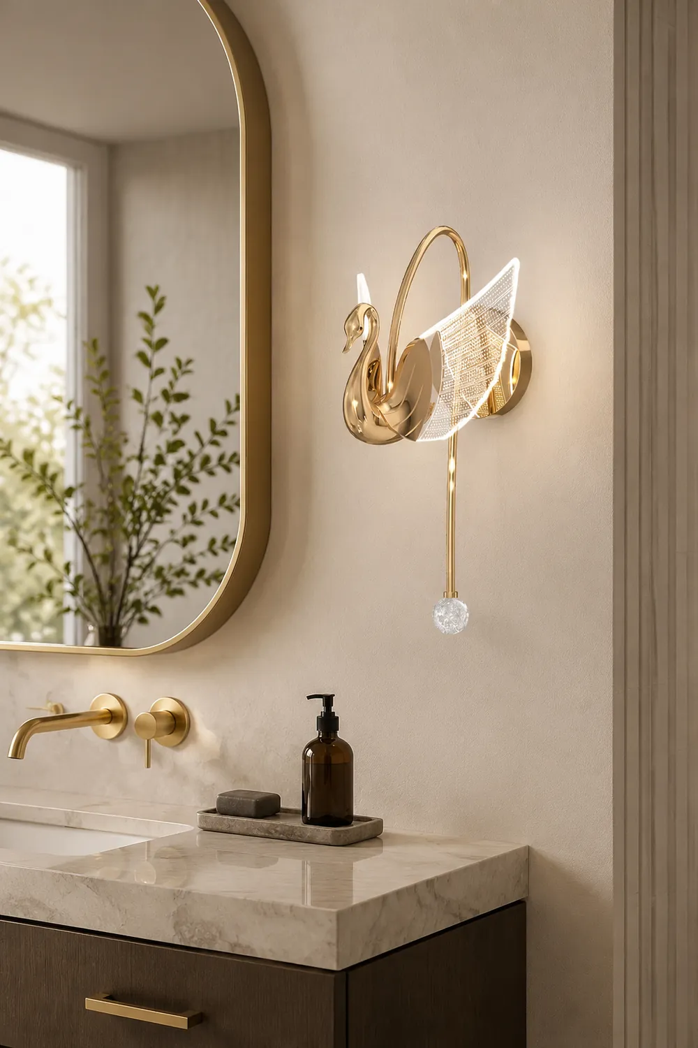 Kady Art Deco Swan Acrylic/Metal Wall Lamp, Gold/Rose Gold - Lumpaz