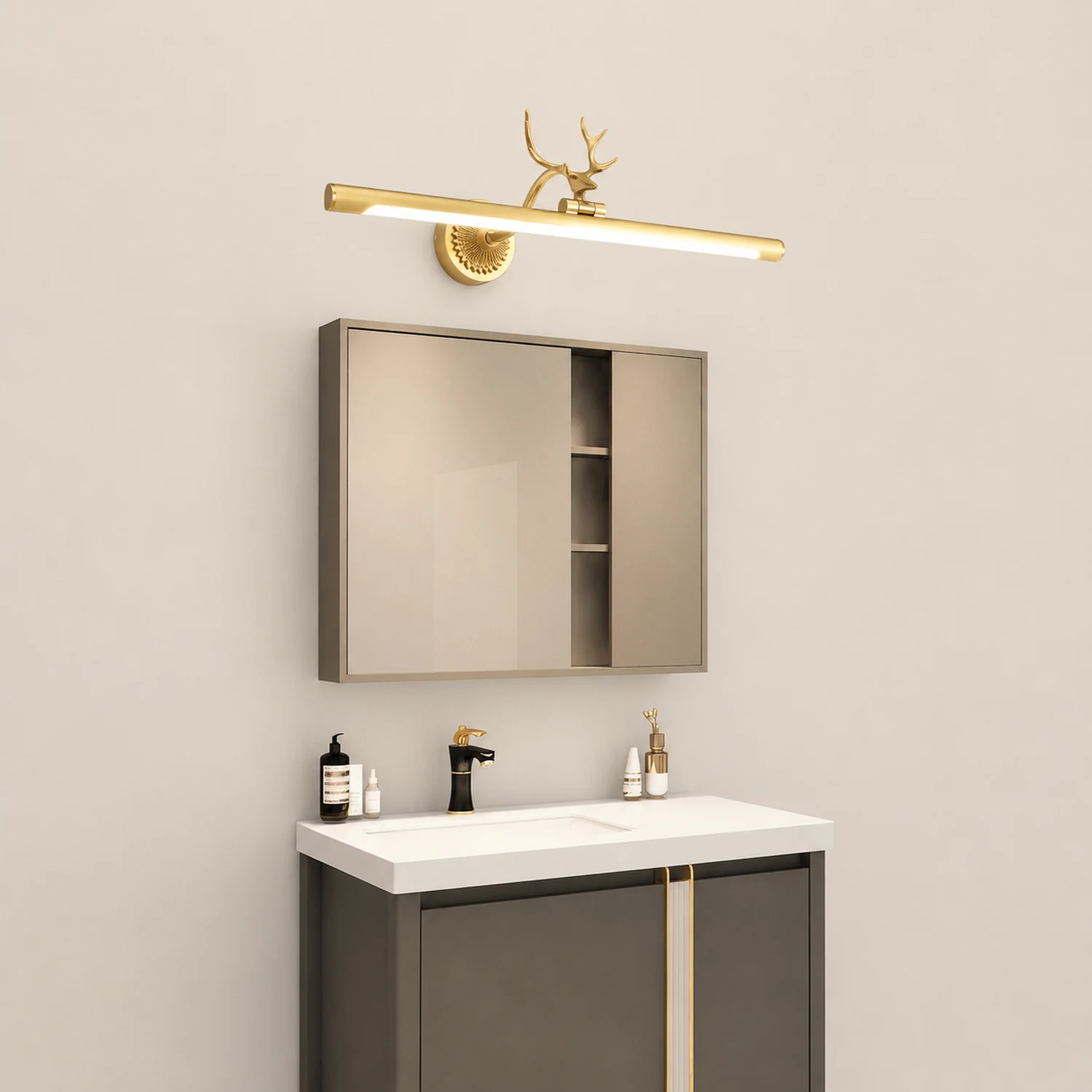 Leigh Modern Staghorn Shaped Vanity Mirror Front Wall Lamp, Black/Brass - Lumpaz