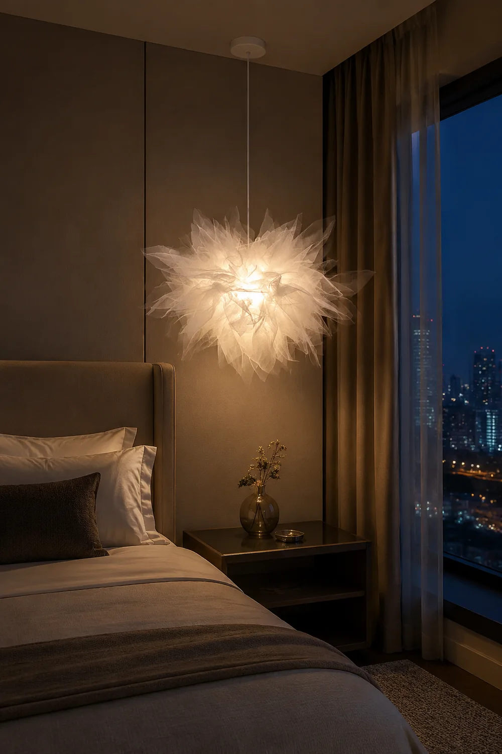 Bella Modern Flower Fabric Pendant Light, Bedroom, White - Lumpaz