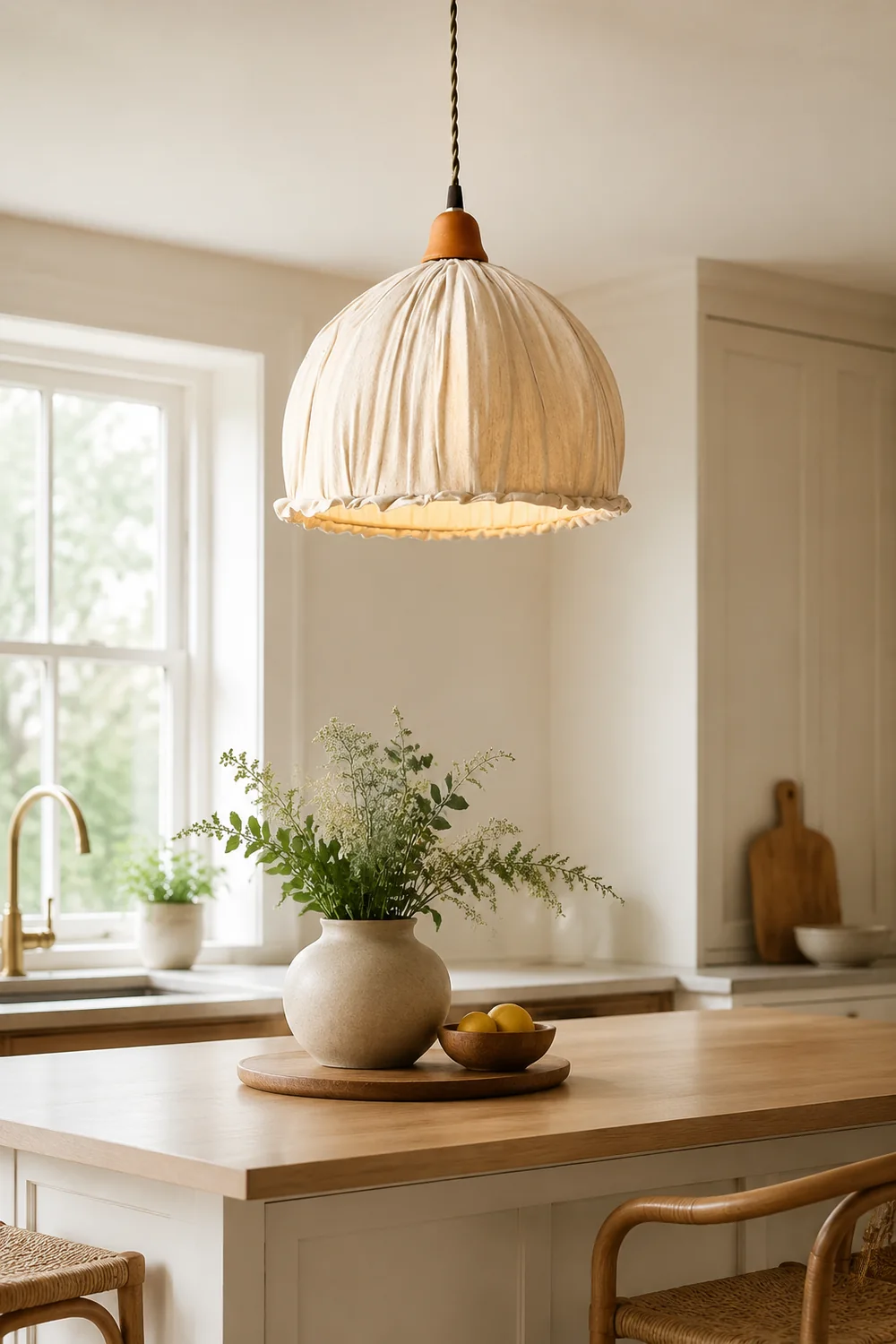 Nordic Vintage LED Pendant Light Beige Fabric Living Room - Lumpaz