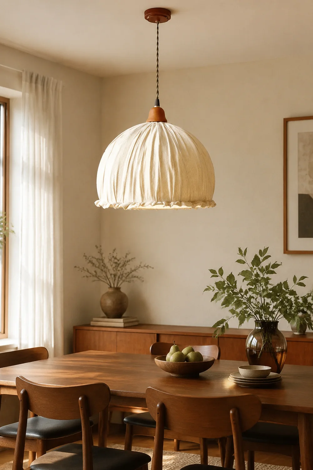 Nordic Vintage LED Pendant Light Beige Fabric Living Room - Lumpaz