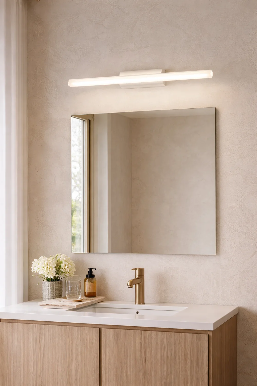 Leigh Minimalist Linear Metal/Acrylic Wall Lamp, White, Bathroom - Lumpaz