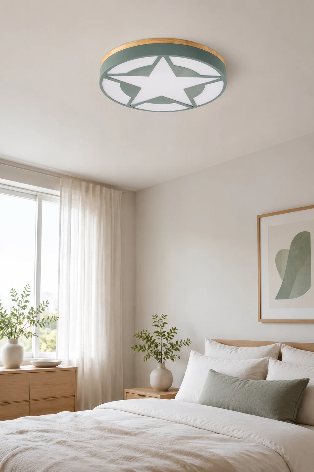 Quinn Modern Round Star Acrylic/Wood Flush Mount Ceiling Light, White/Green/Gray - Lumpaz