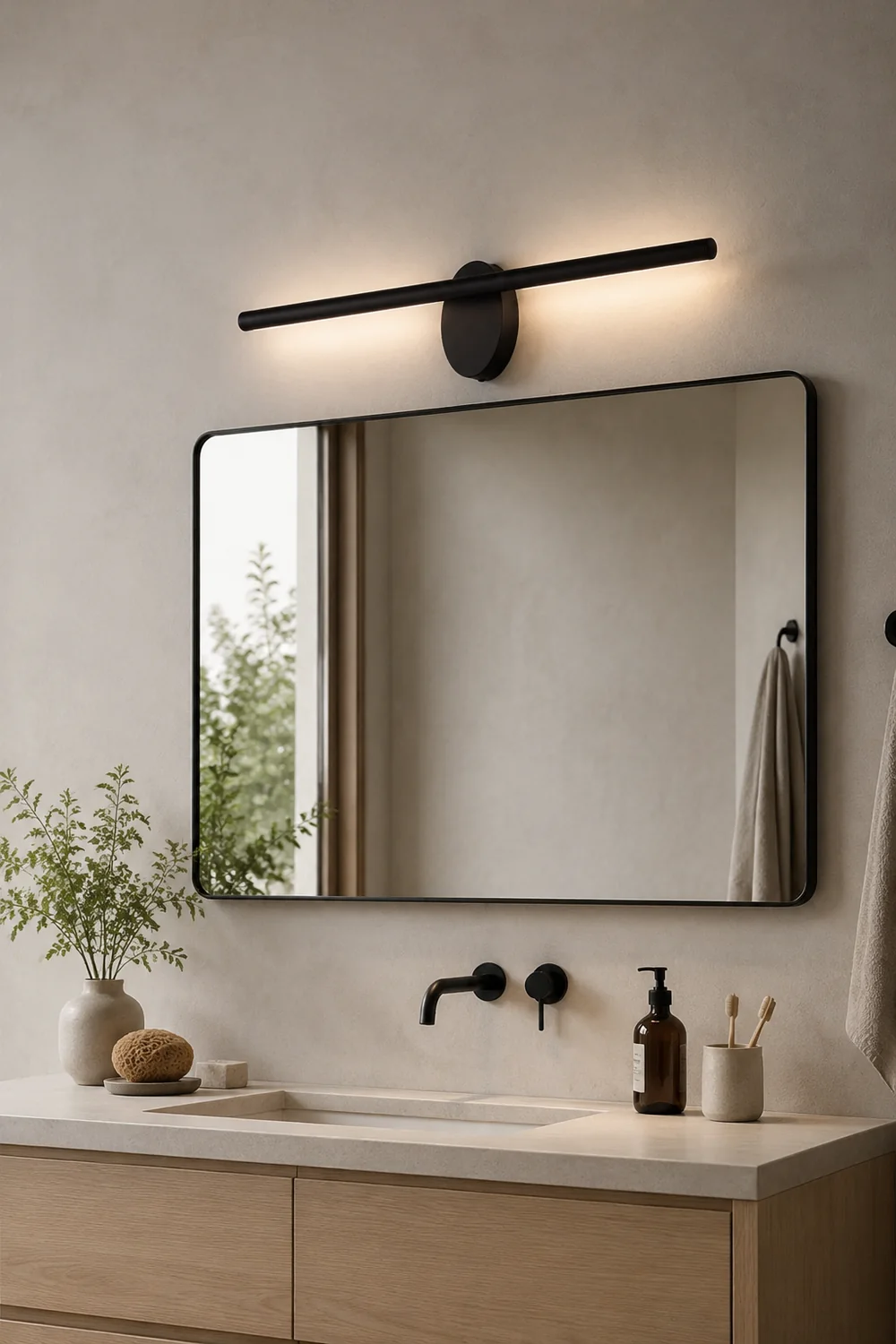 Edge Minimalist Linear Metal Wall Lamp, Black, Bathroom, Front Mirror - Lumpaz