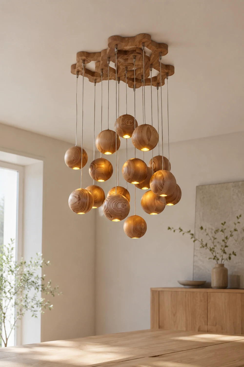 Ozawa Pendant Light Globe Minimalist, Cluster Wood, log color, Kitchen Island - Lumpaz