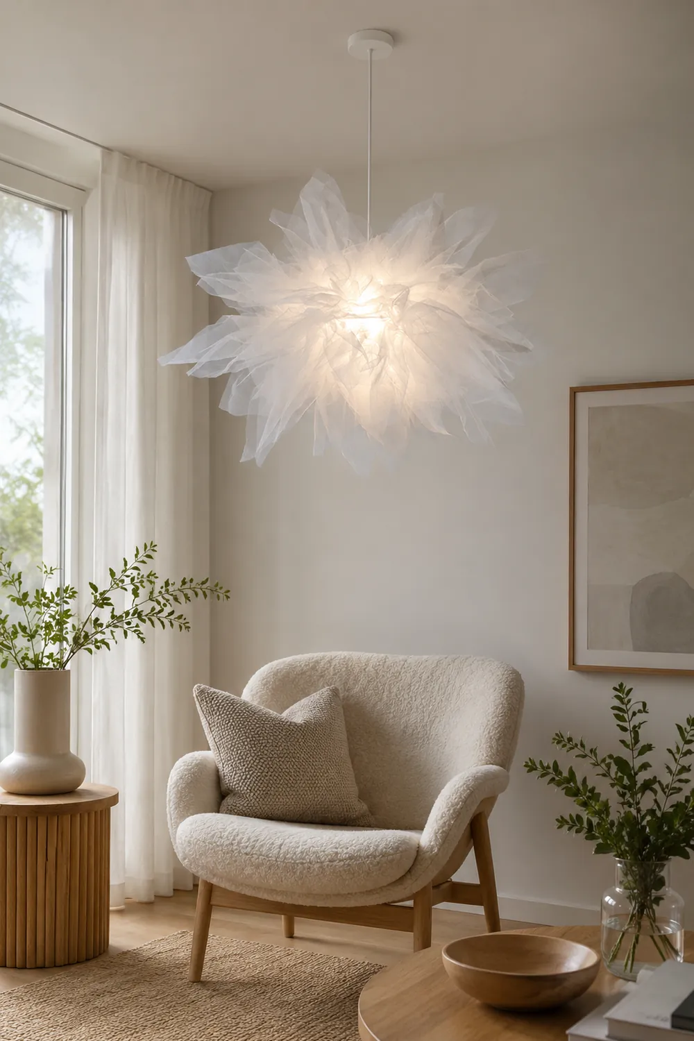 Bella Modern Flower Fabric Pendant Light, Bedroom, White - Lumpaz