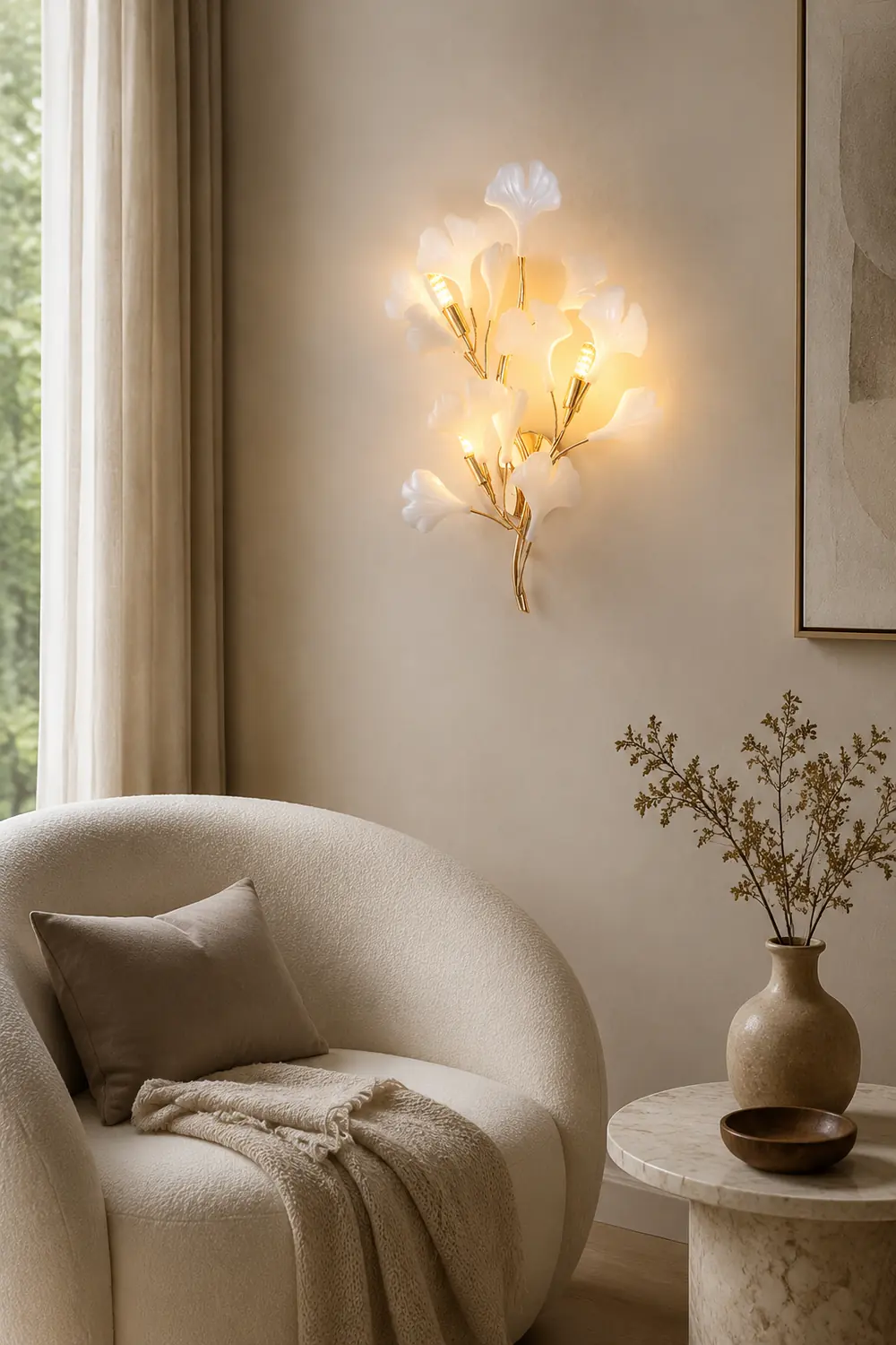 Ophelia Decorative Flower Ceramic/Metal Wall Lamp White/Gold Bedroom - Lumpaz