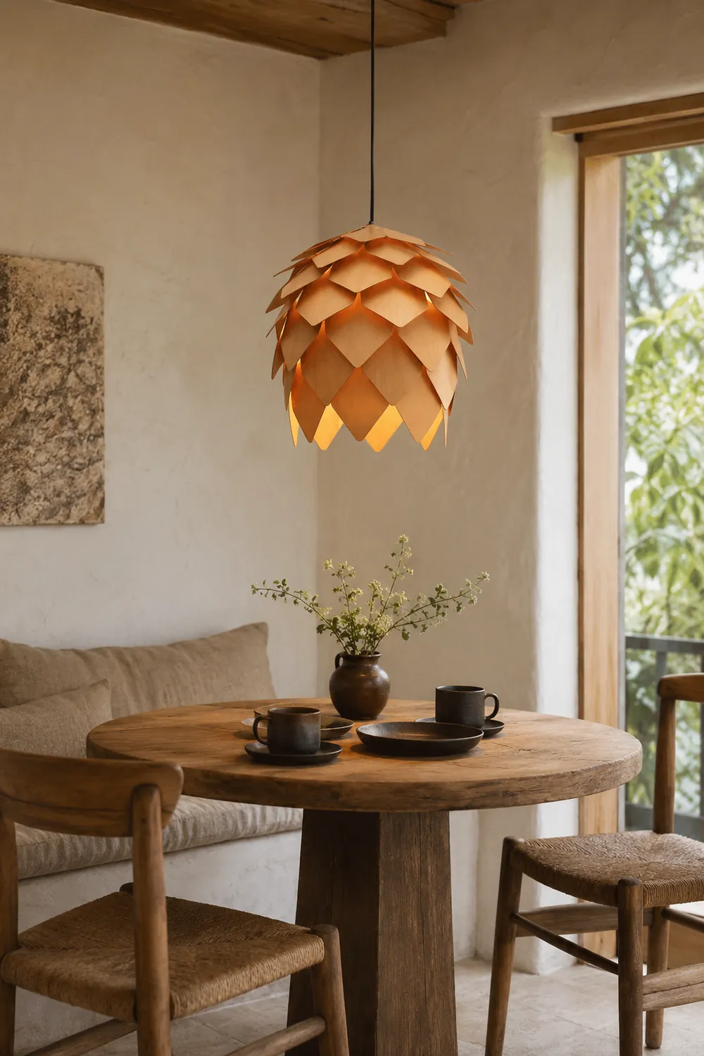 Ozawa Designer Pinecone Shape Wood Pendant Light, 10"/16"/19.5"/23.5" - Lumpaz