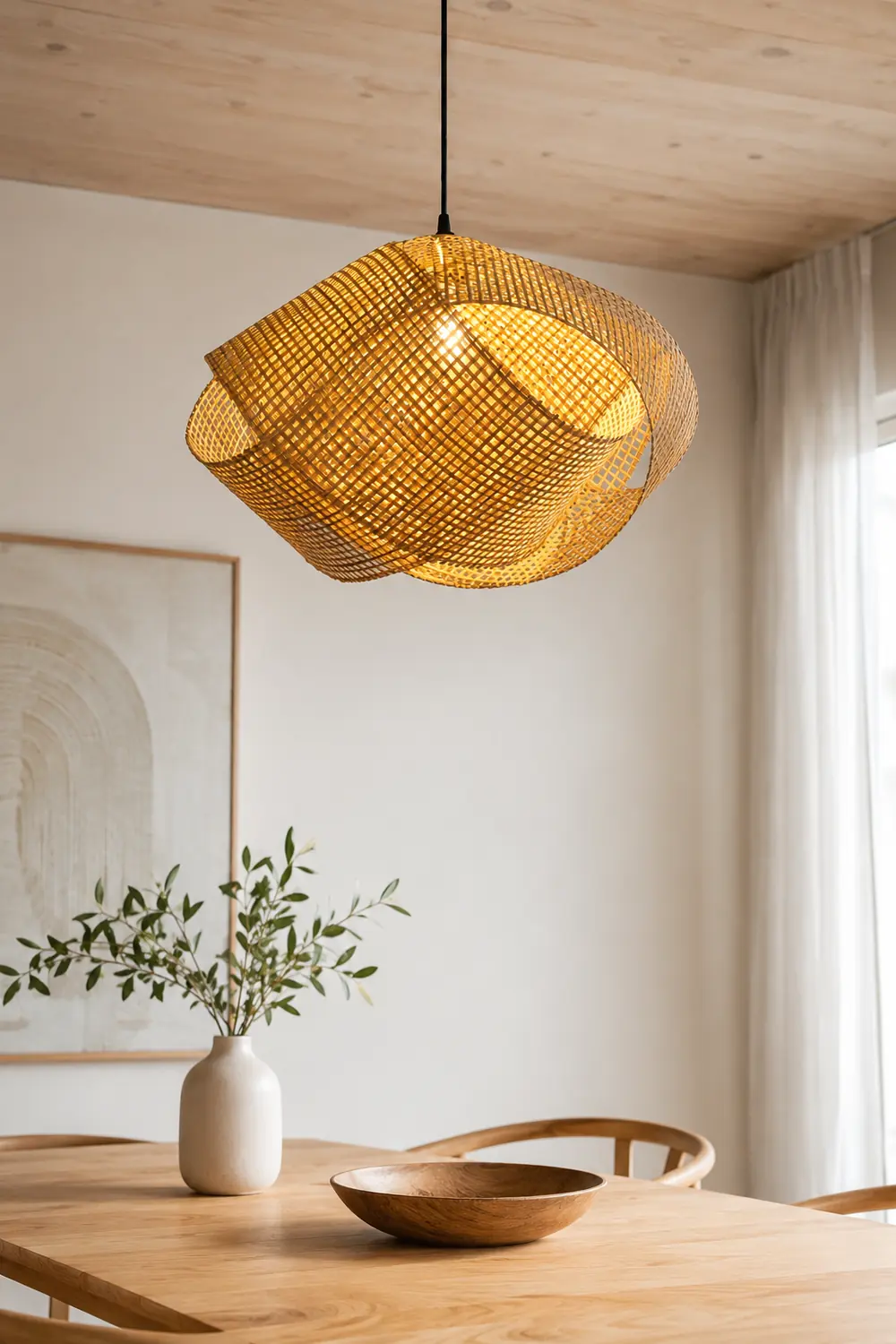 Ritta Modern Twist Rattan Pendant Light Wood Living Room - Lumpaz