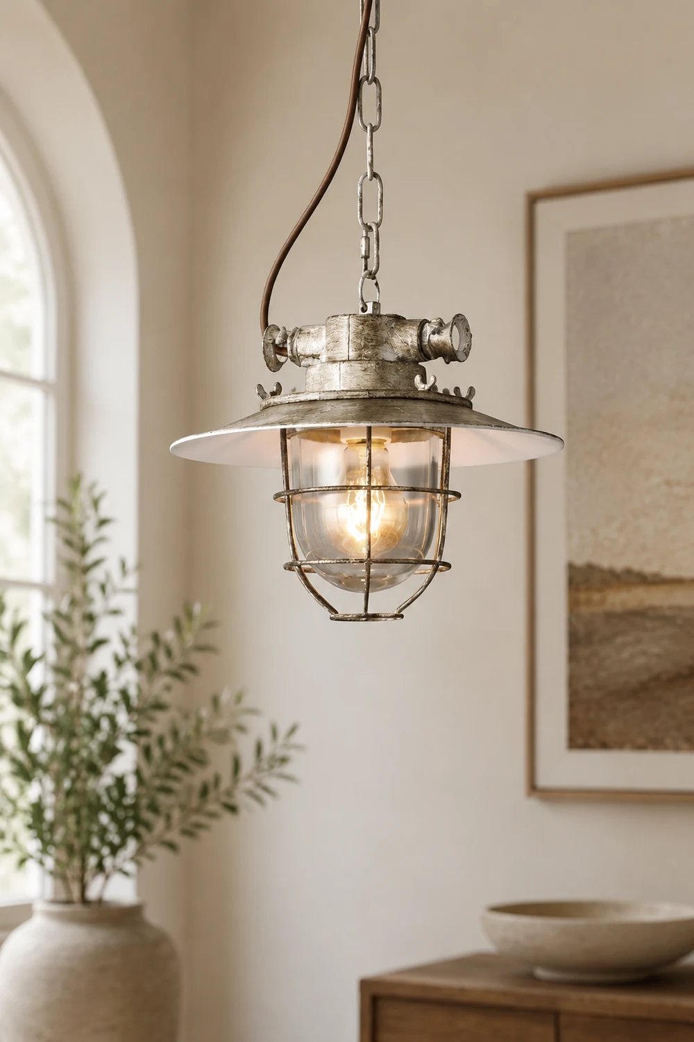 Alessio Industrial Metal/Glass Pendant Light White/Blue Bedroom - Lumpaz