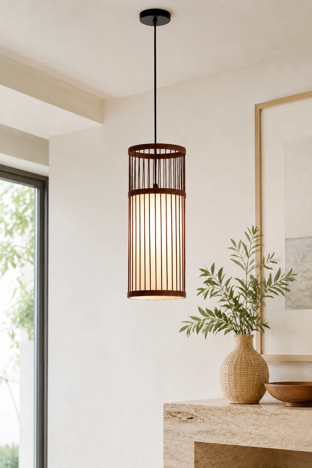 Ozawa Weave Cylinder Pendant Light, Coffee/Wood, Metal/Bamboo - Lumpaz
