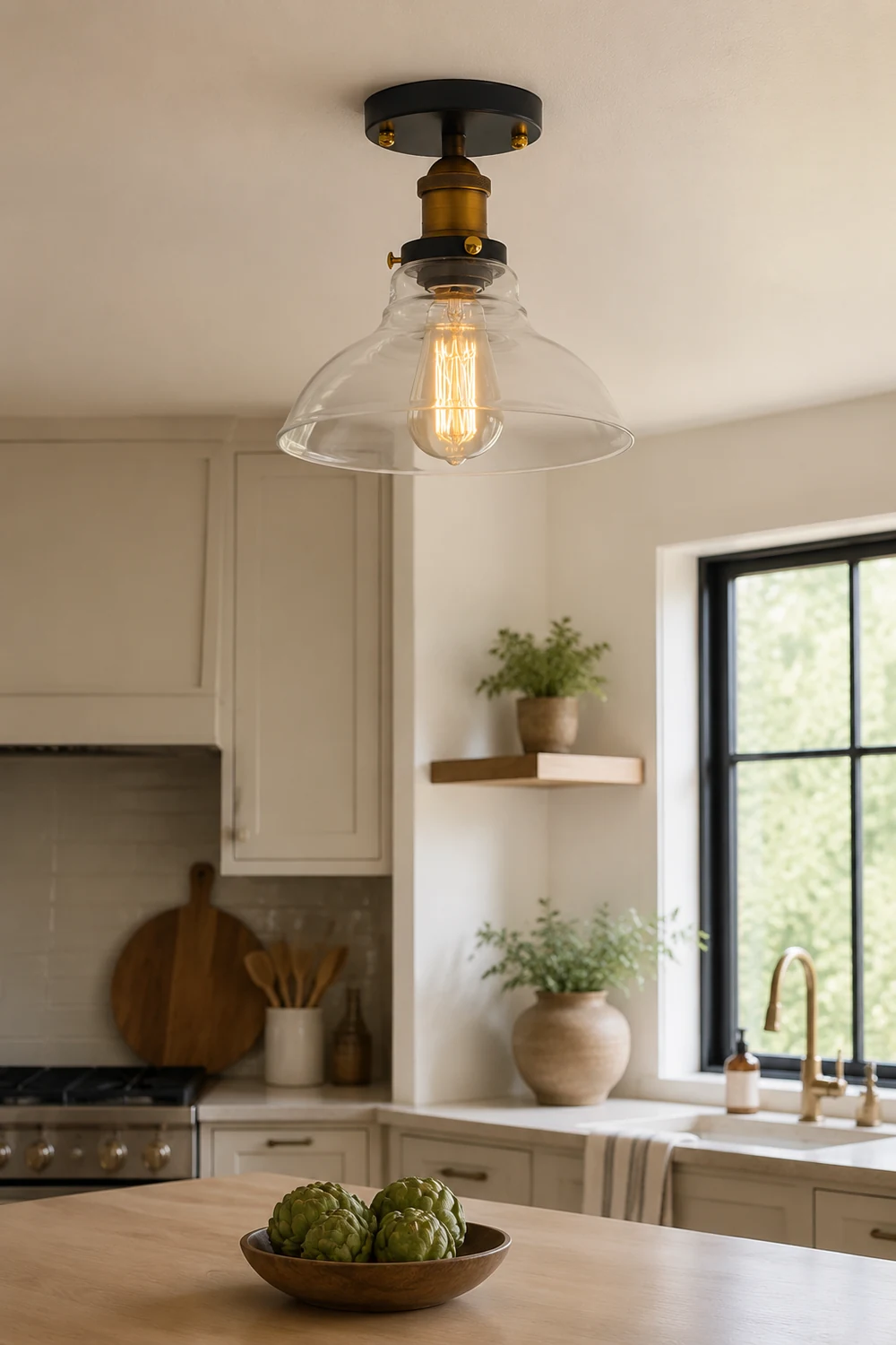 Alessio Industrial Glass Flush Mount Ceiling Light, Black - Lumpaz