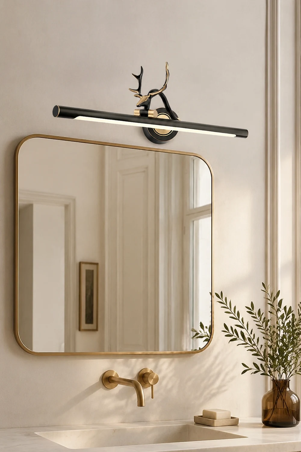 Leigh Decorative Deer Mirror Front Vanity Wall Lamp, Black/Gold - Lumpaz