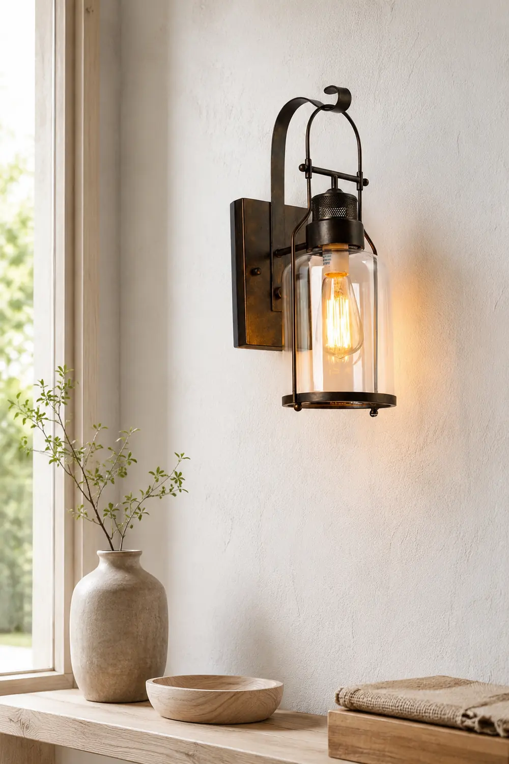 Alessio Vintage Lantern Glass/Metal Wall Lamp, Black/Rusty - Lumpaz