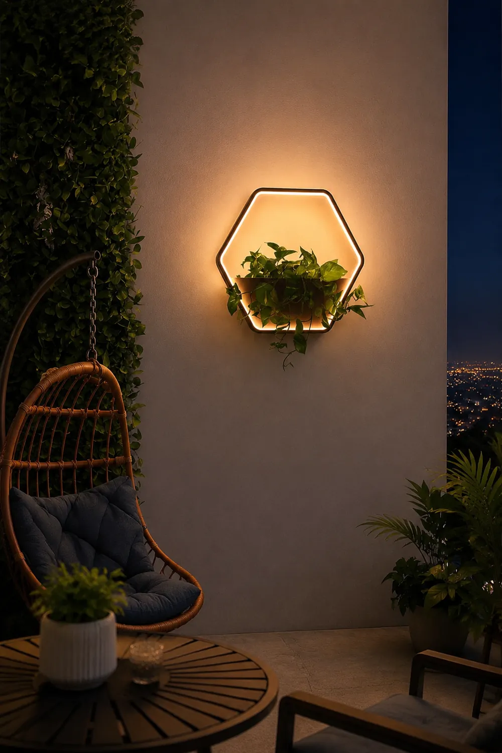 Orr Minimalist Hexagonal Ring With Shelf Metal Outdoor Wall Lamp, Black - Lumpaz