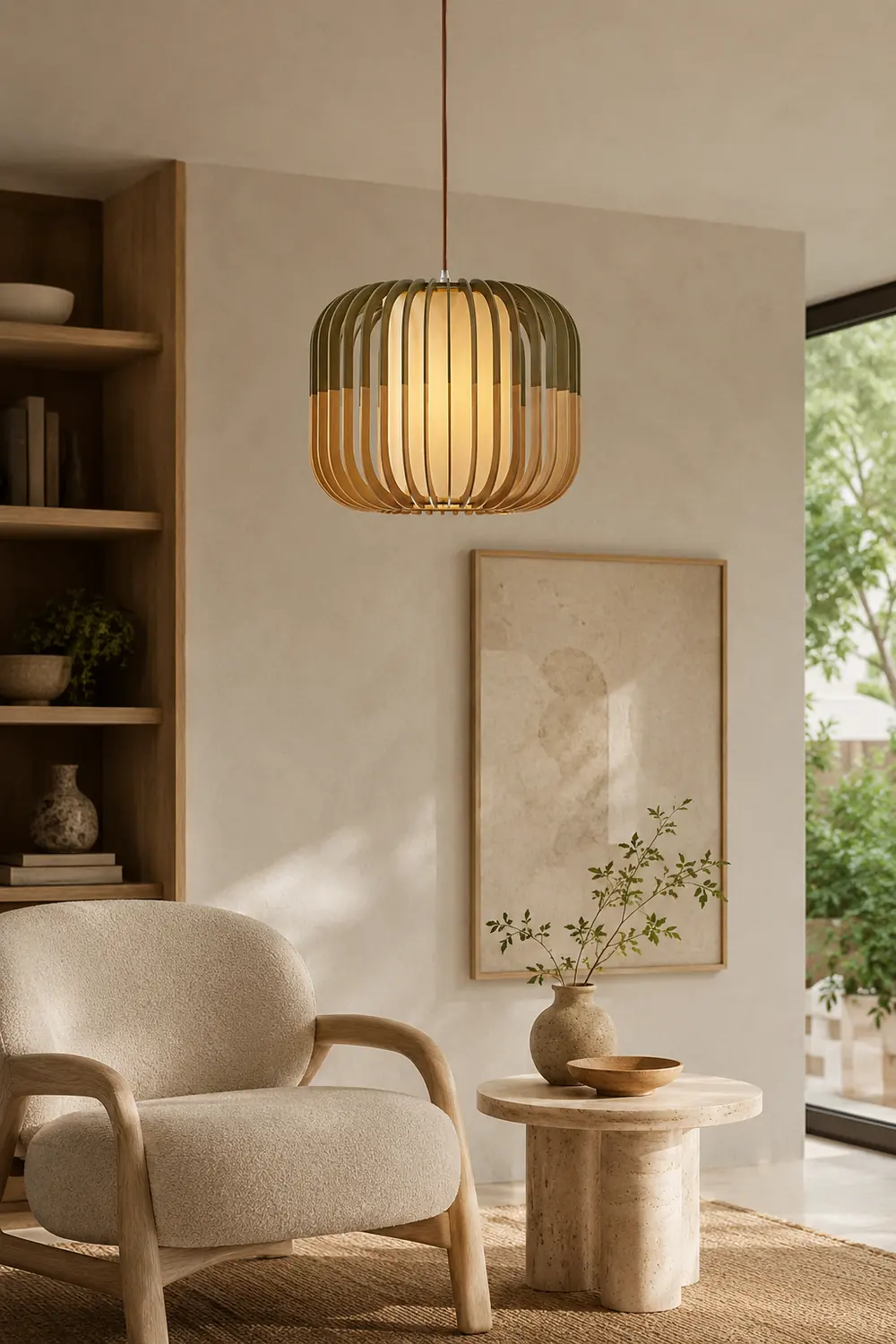 Ozawa Modern Birdcage Wood/Fabric Pendant Light - Lumpaz