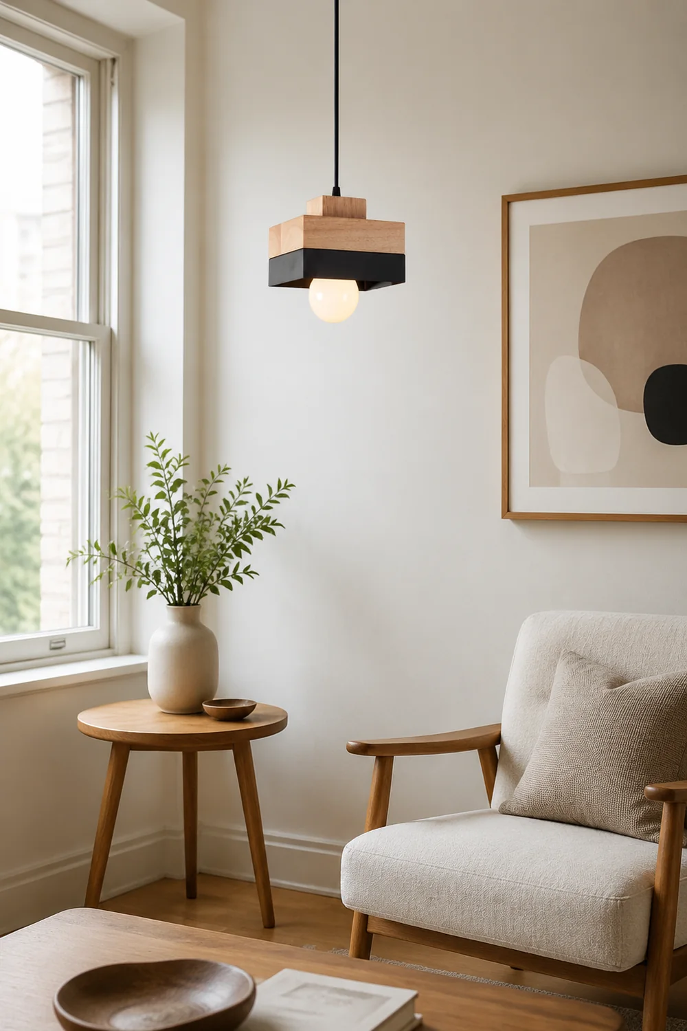 Morandi Modern Square Round Pendant Light Black White Metal Wood Living Room - Lumpaz