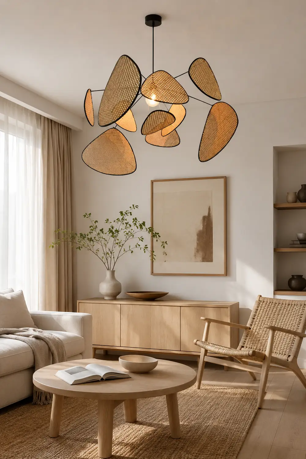 Ritta Pendant Light Leaf Grid, Rattan/Metal, Bedroom - Lumpaz