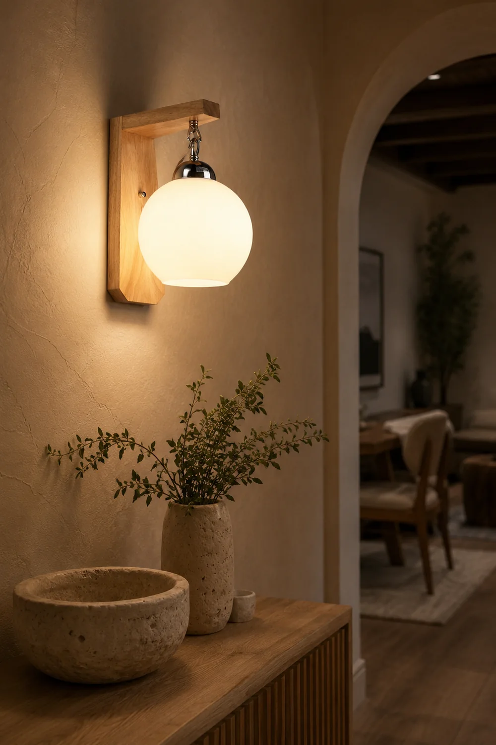 Ozawa Nordic Globe Glass/Wood Vanity Wall Light, Living Room - Lumpaz