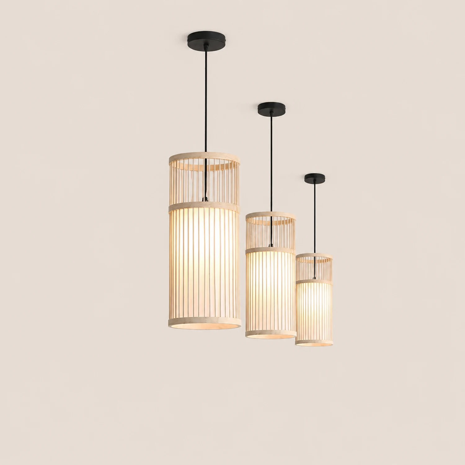 Ozawa Weave Cylinder Pendant Light, Coffee/Wood, Metal/Bamboo - Lumpaz